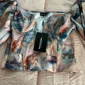 PrettyLittleThing Bustier Pastel Artistic Print Blouse